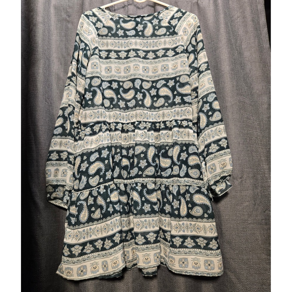 Wrangler Retro Paisley Print Tiered Mini Dress Long Sleeve Boho Chic M - Picture 2 of 5